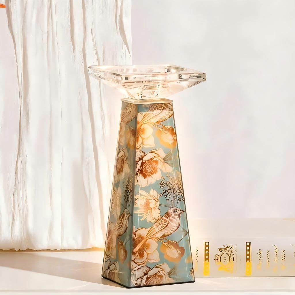 Tall Glass Candlestick Holder with Floral Pattern,Candle Holder for Pillar, Single Piece Decorative Centerpiece for Living Room, Patio, Weddings - Women’s Day Gift