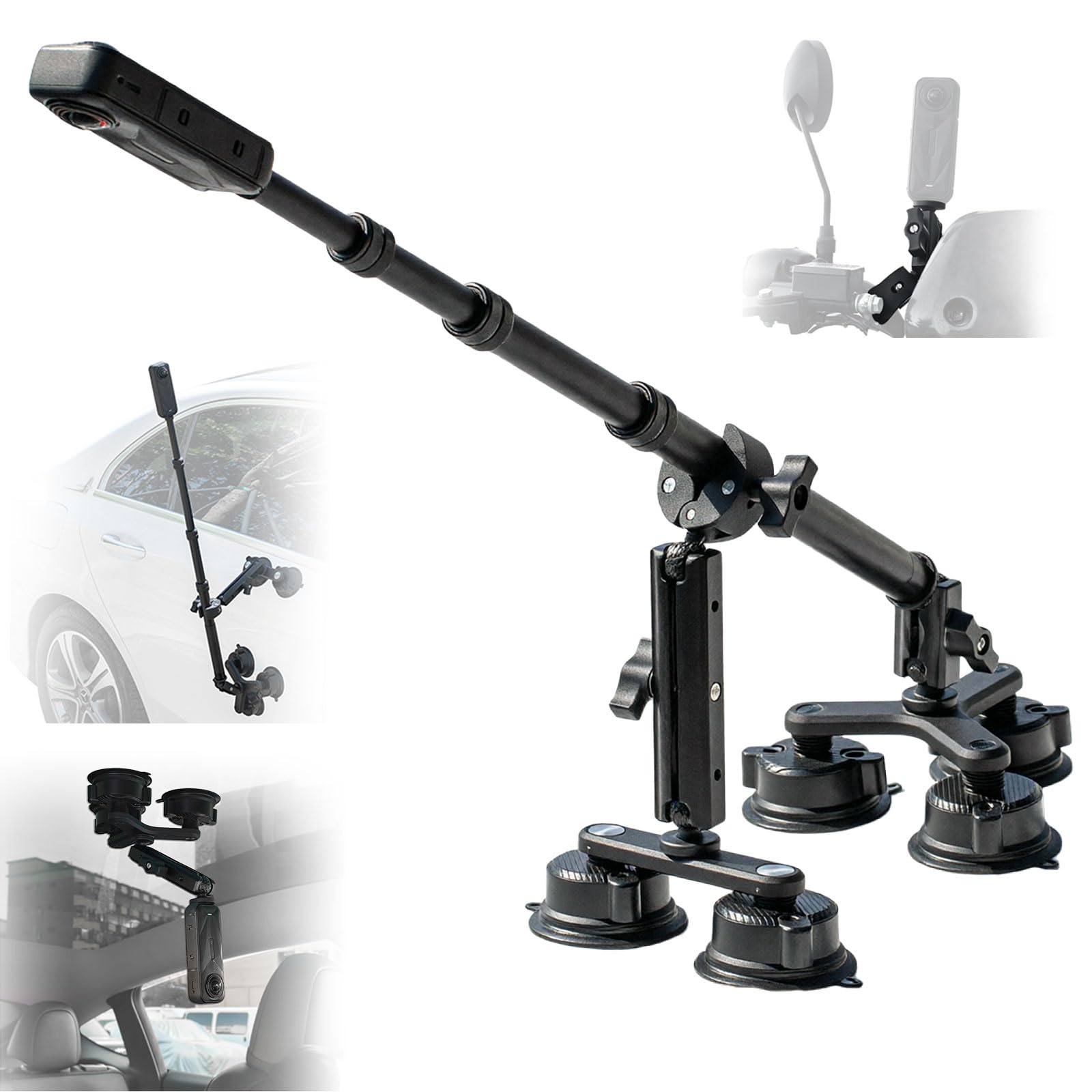 Soporte de ventosa para coche Penta para Insta 360 X5 / DJI Osmo Action 6 / GoPro Hero 13 accesorios aluminio 110 cm extensible Selfie Stick 10 en 1 Kit de montaje de succión para X4 Air/Osmo 360