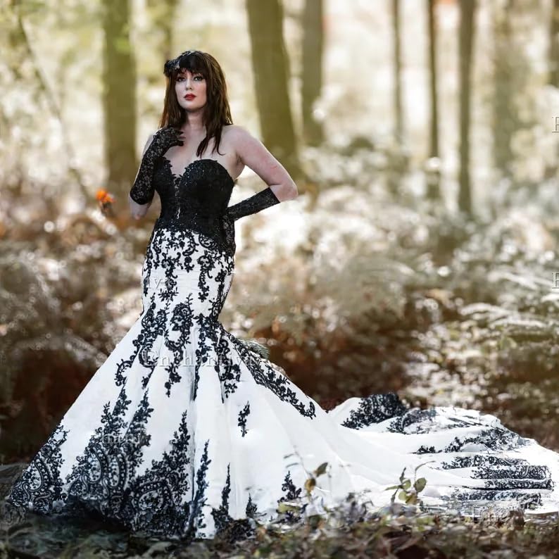 Gothic Mermaid Wedding Dresses for Bride Strapless Black Lace Bridal Gowns Sweetheart Wedding Gowns with Train3