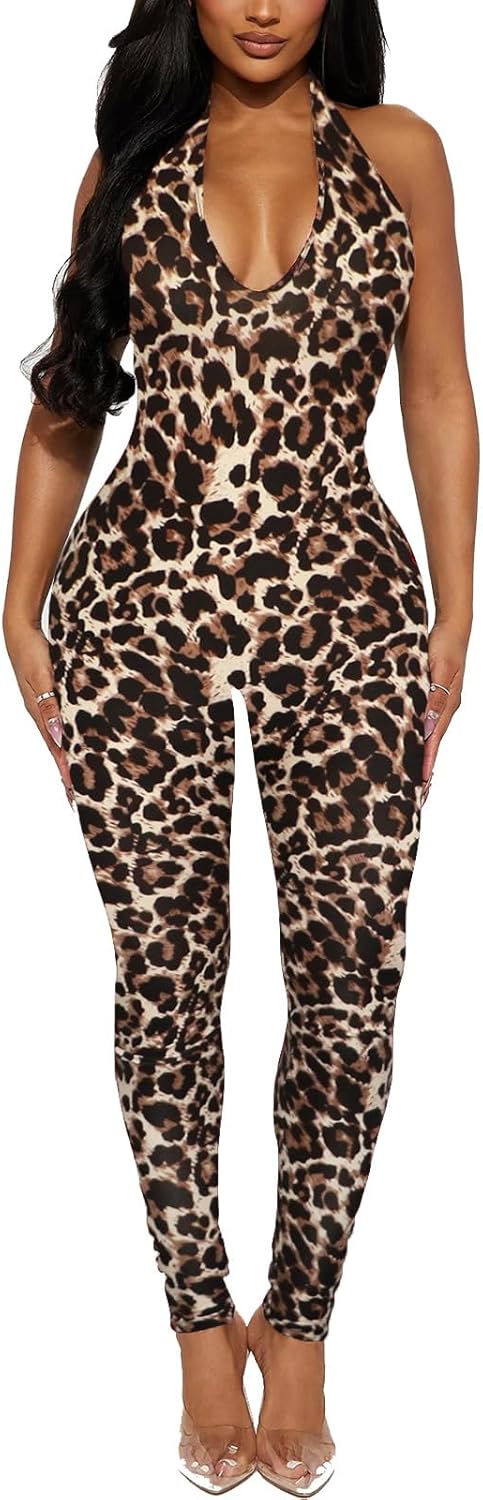 Women's Halter Bodycon Black Jumpsuits - One Piece Backless Leopard Summer Casual Workout Club Pants Rompers Outfits Catsuits - Image 2