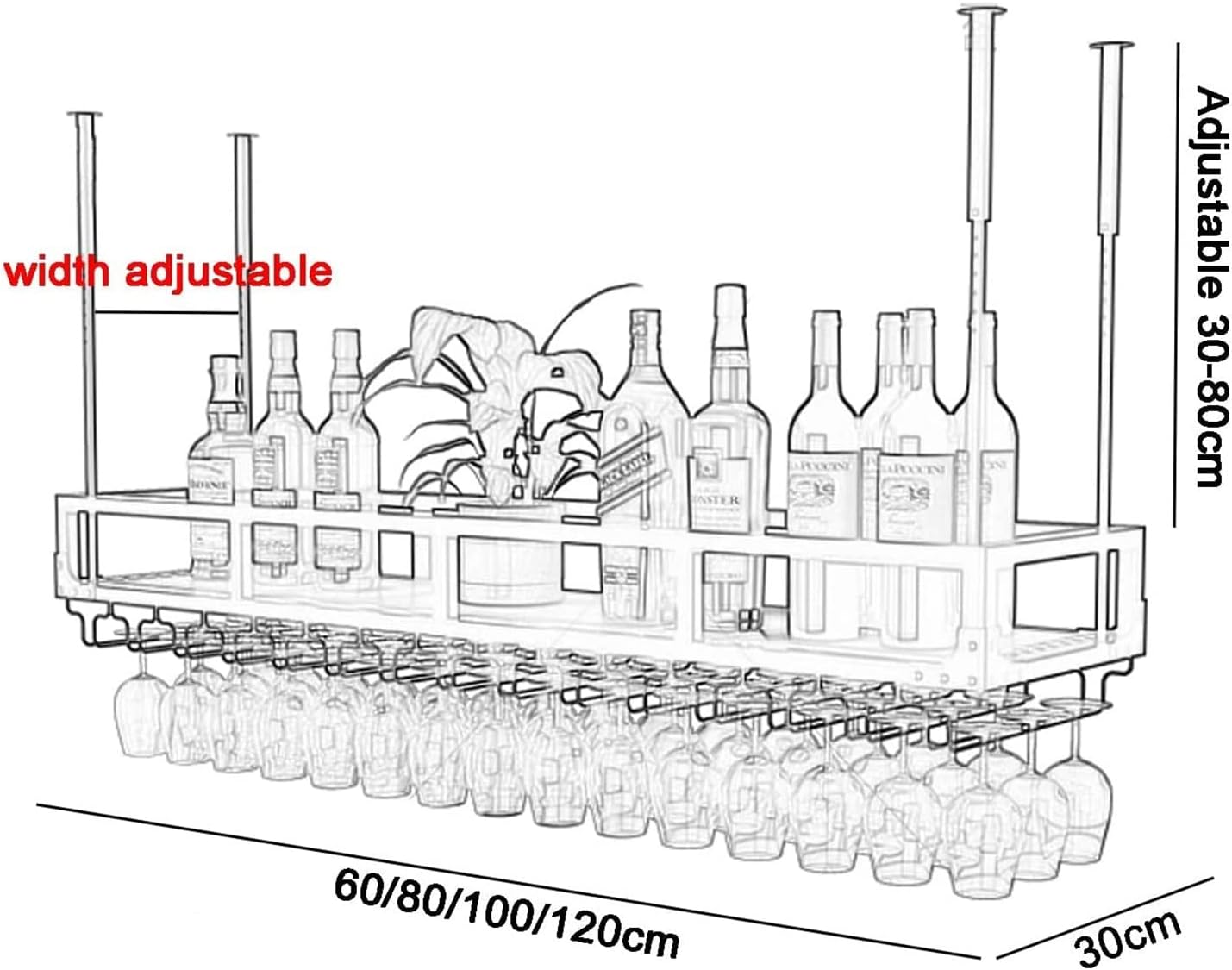 Ceiling Wine Glass Rack Ceiling Metal Wine Rack,Height Adjustable,Stemware Holder,Iron Bottle Holder Hanging Wine Shelf,Wood Shelves for Bar/Kitchen/Restaurants