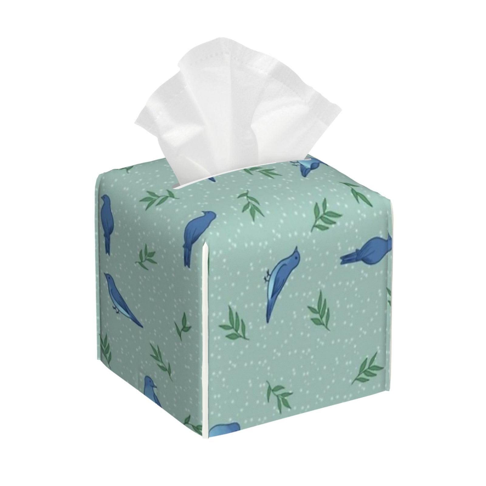 Bluebird Tissue Box Cover 5" Square Leather Tissue Holder Facial Tissue Case for Tabletop Bedroom Bathroom Desk Decor
