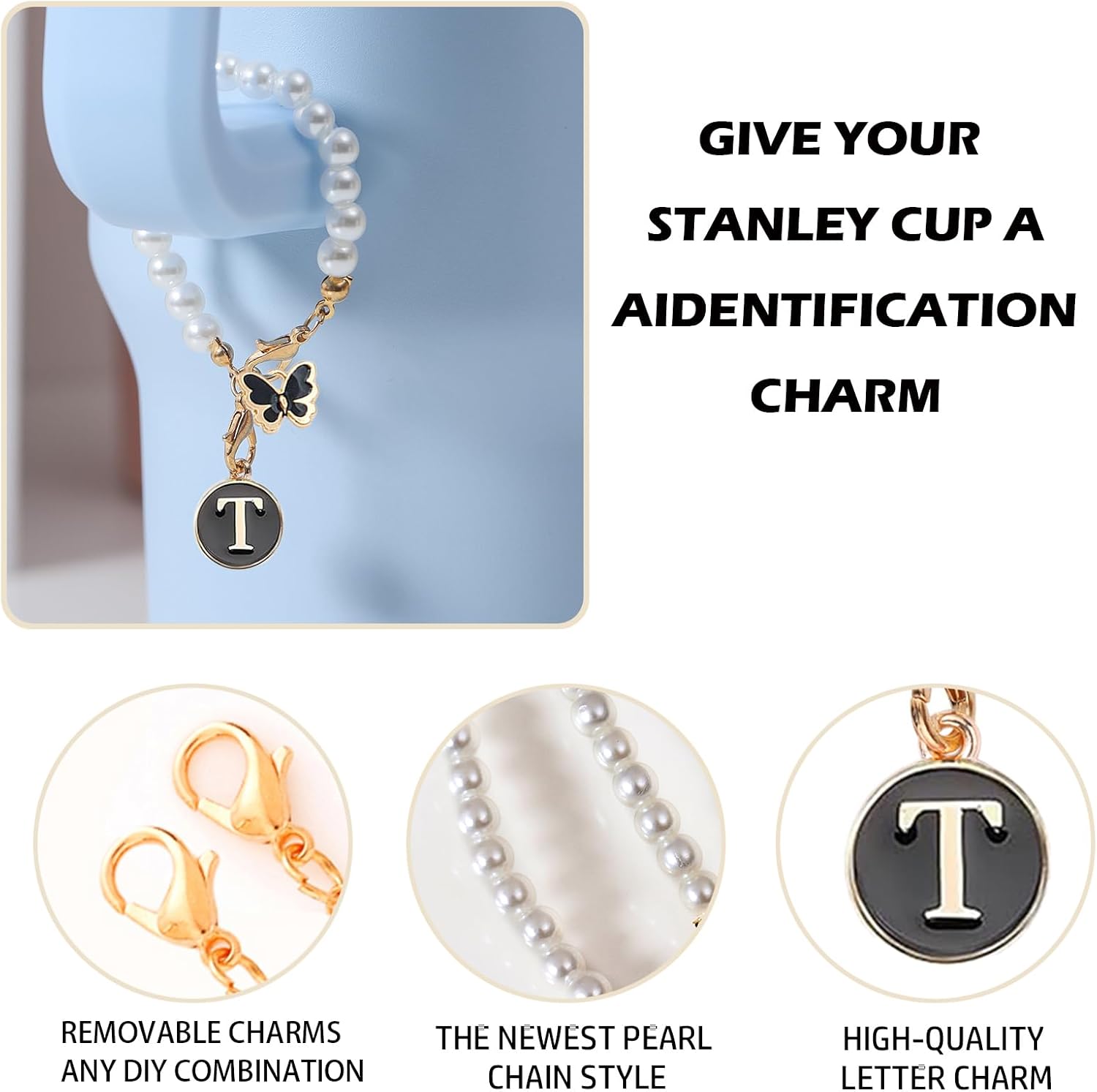 Letter Charm for Stanley Cup，Pearl Chain Accessories Stanley Cup Initial Charms for Handle Stuff Decor Water Bottle Jewelry Tumbler Cute Personalized Name ID Decorations Black Tag (T) image 3