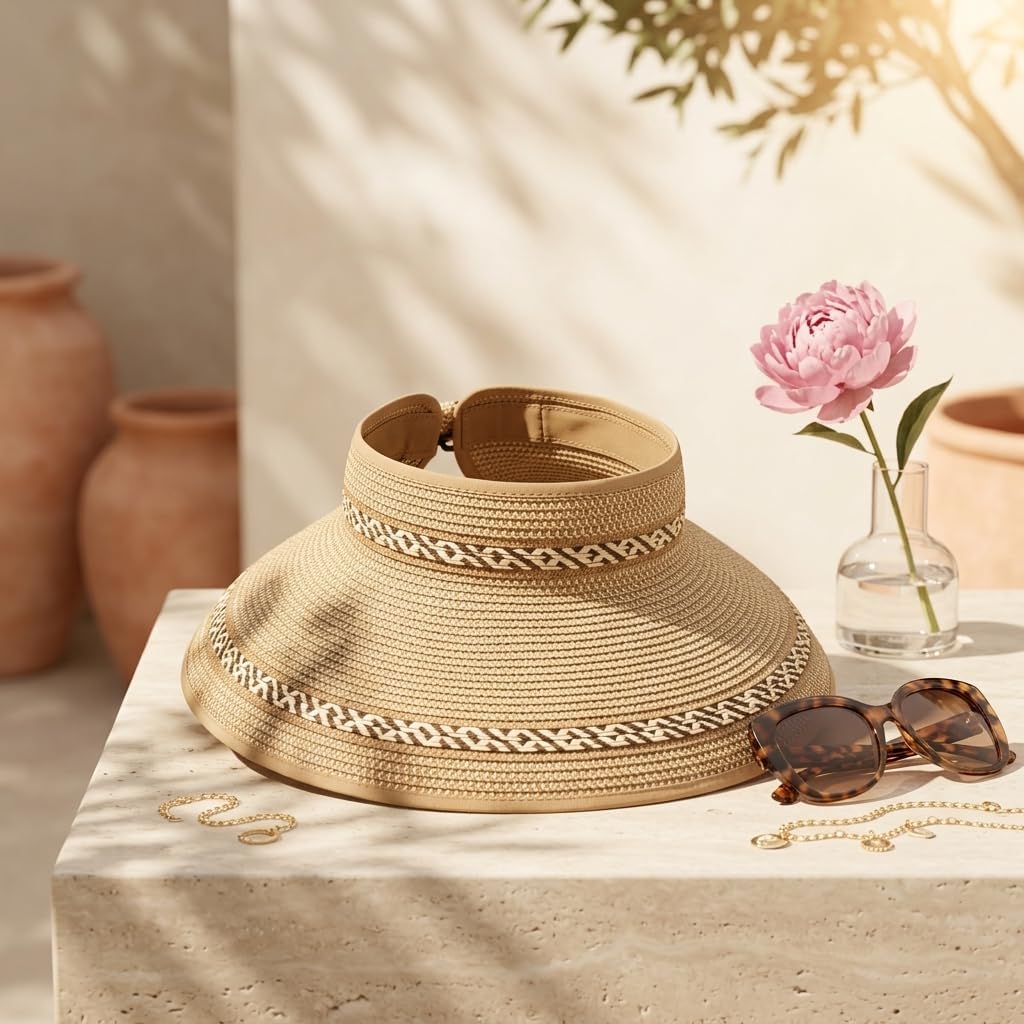 Magid Packable Wide Brim Straw Sun Visor Hat, Roll-Up Design with Contrast Stitch, Toast - Perfect for Sun Protection