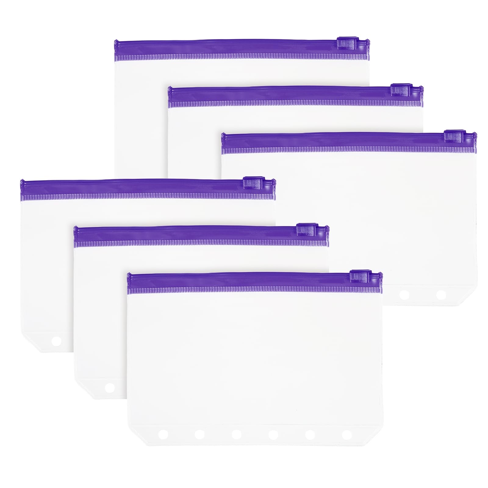 PATIKIL A7 Binder Pocket, 6 Pack 6 Holes Zipper Binder Pouch Budget Stuffing Envelopes Clear Storage Pocket Waterproof for Budget Planning Loose Leaf Bags, Purple Zip/Clear Pouch