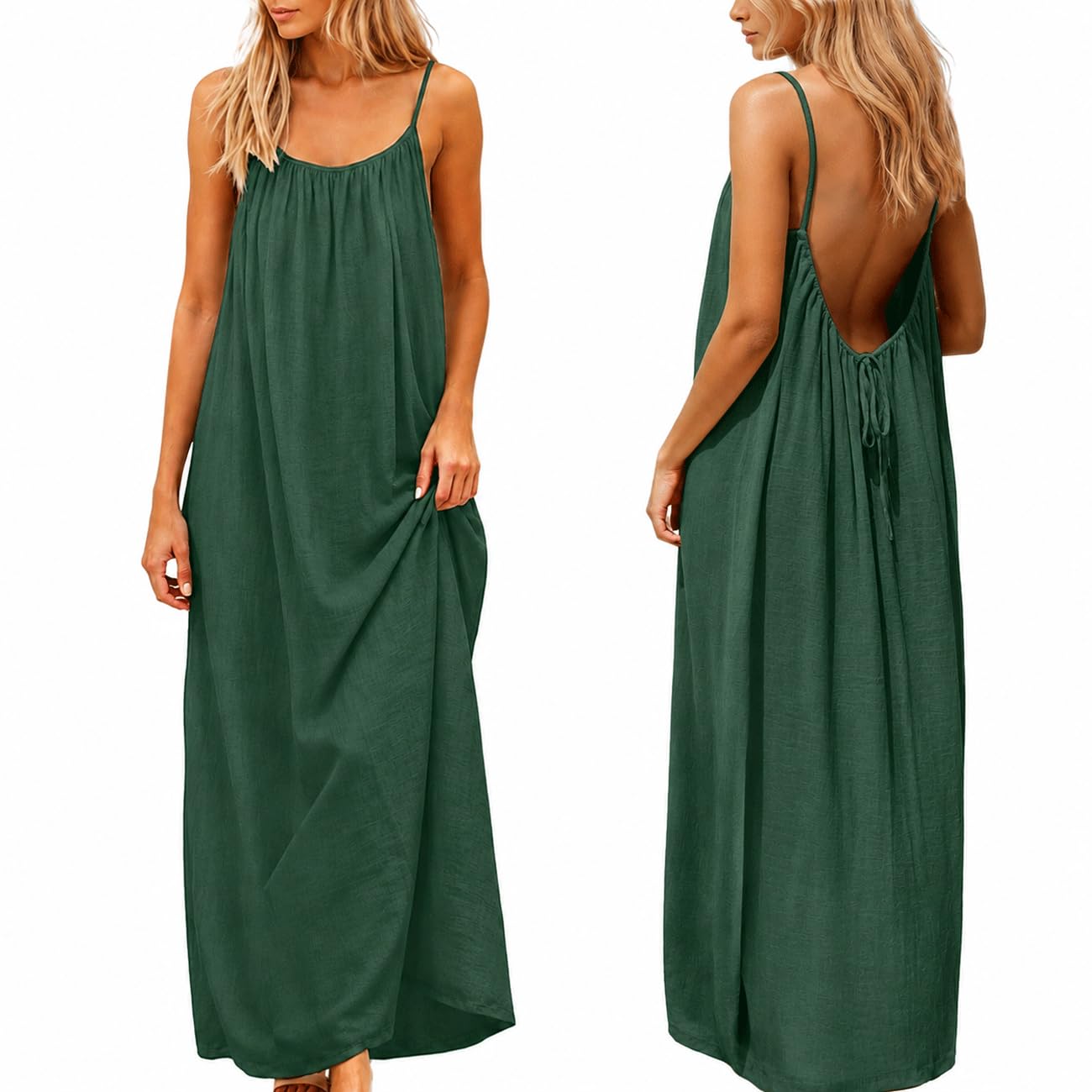 nnOuOnn Vestido camisola sin espalda para mujer, verano 2026, sin mangas, largo, casual, vestido de verano para mujer, vestido de descanso con espalda abierta, para vacaciones, playa, casa, color