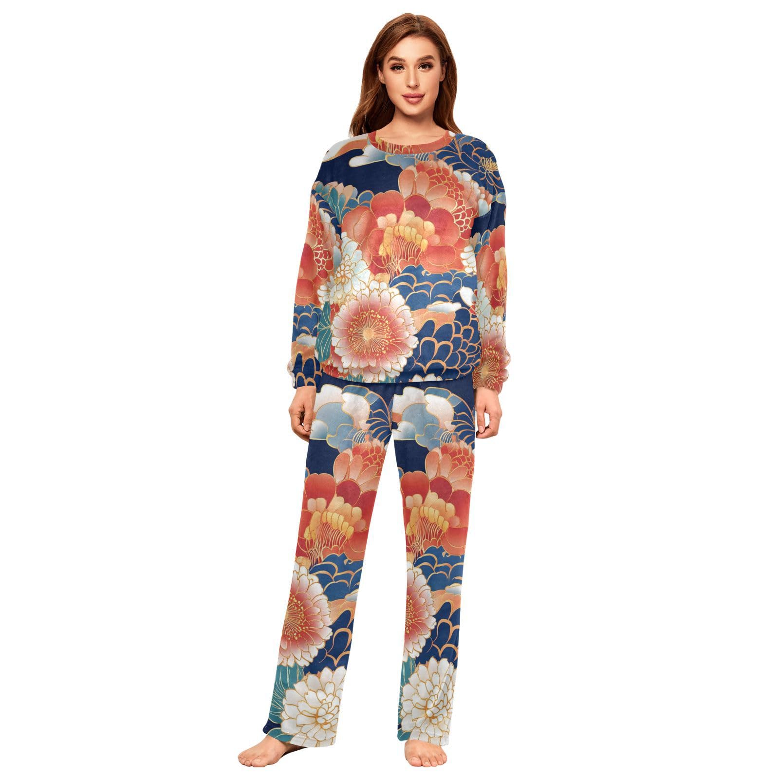 Tradictional - Set pigiama da donna in pile con scollo rotondo e pantaloni, motivo floreale, colore: rosso