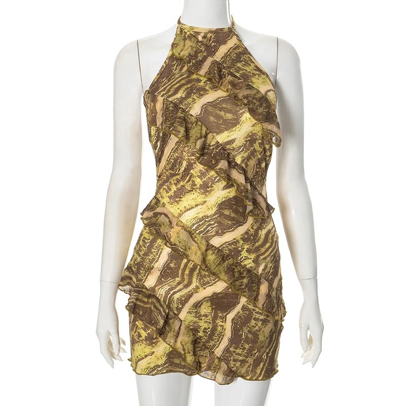 Image of Yuopeid Women's Sexy Halter Neck Backless Printed Mini Dress Floral Layered Ruffle Bodycon Short Party Dress
