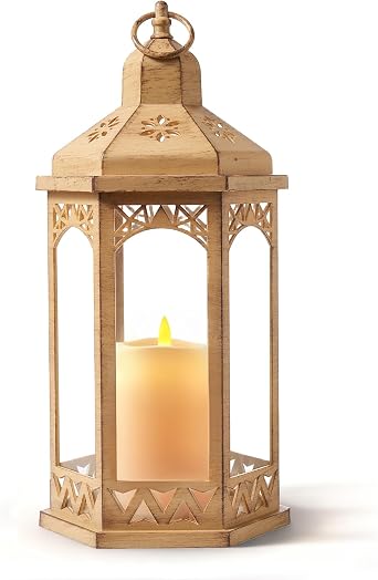 Christmas Lanterns Decorative Indoor & Outdoor,15" H Vintage Lantern Outdoor Lighting with Glass,Vintage Hanging Candle Holders for Garden Wedding and Home Decorations.Battery Powered Beige