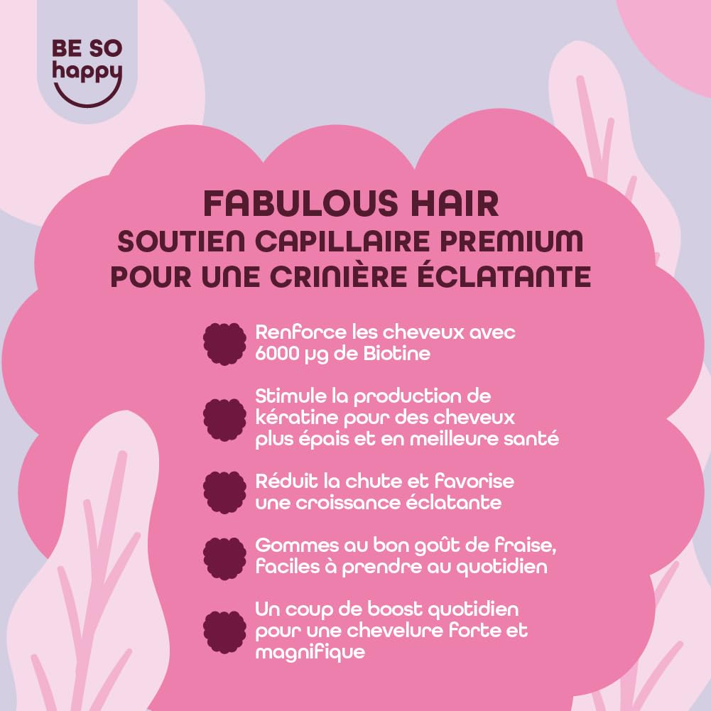 Biotine pour Cheveux | 6000 mcg | Avec Zinc, Sélénium et Vitamines A, B6, B12, C, D, E | Bonbons Goût de Fraise | Approvisionnement de 120 jours | Végétalien, sans Gluten et sans Lactose | BeSoHappy