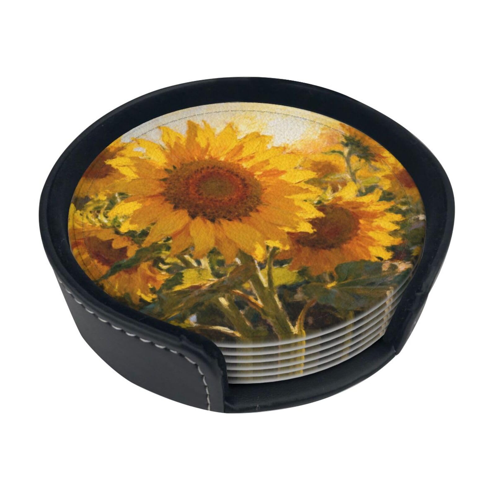 Cntdbu White Afternoon Sunflowers Leather Coasters Set Of 6-Pu Leather Drink Mats For Table, Heat Resistant Round Coasters With Holder