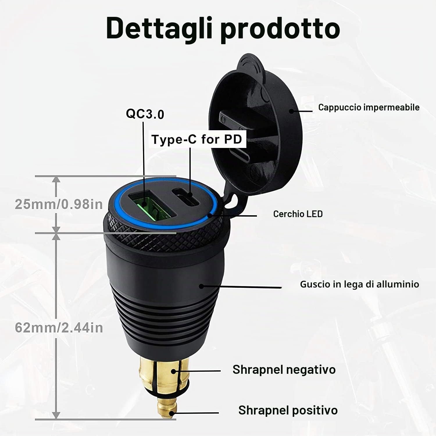 Caricabatteria impermeabile per moto DIN un caricabatterie USB QC3.0 e tipo C 30 W alimentatore adattatore femmina