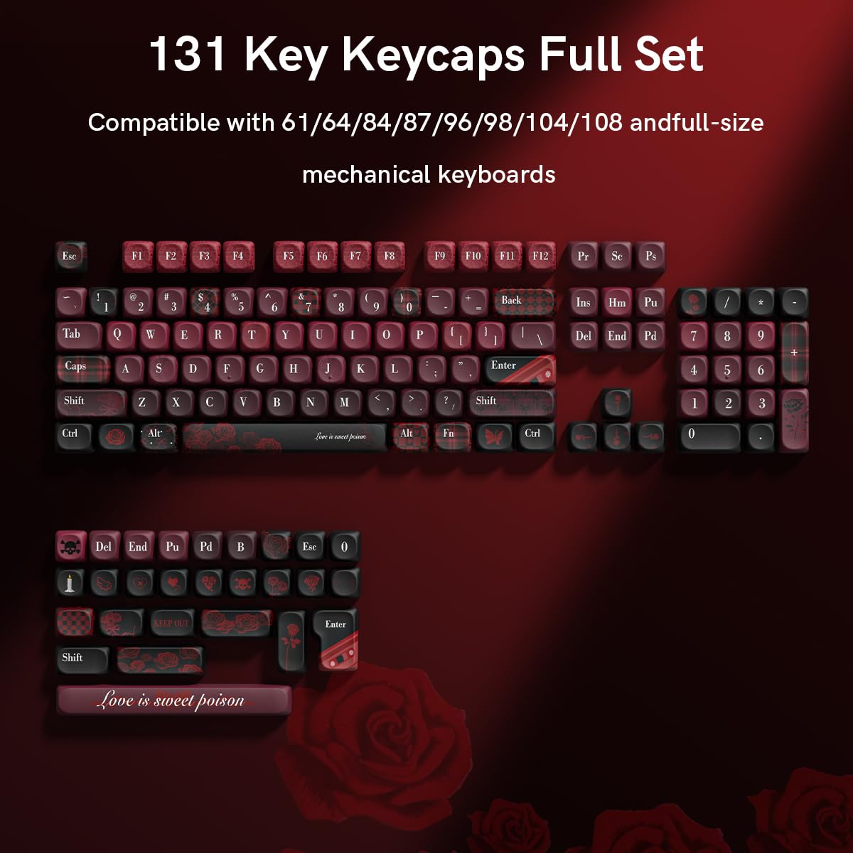 Womier キーキャップ 赤いバラ MOAプロファイル PBT キーキャップセット 131キー | 染料昇華印刷, 60%/65%/75%対応, TKL・フルサイズ対応, メカニカルキーボード用, カスタムデザイン