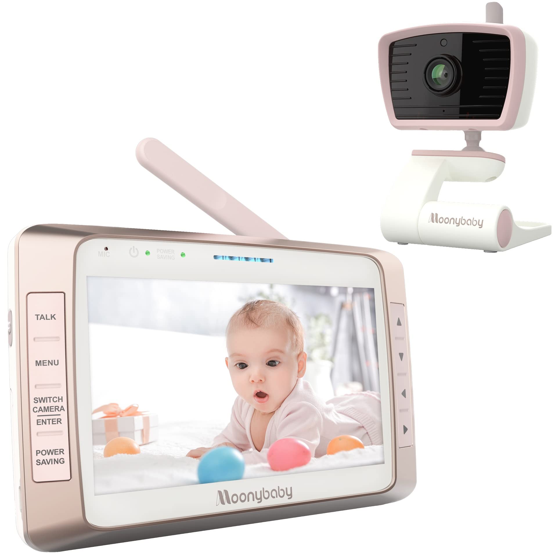 Moonybaby Trust 50s Baby Monitor No WiFi, 15 Hours Long Battery Life, 1000ft Long Range, 5" Display, Auto Night Vision, 2-Way Audio, Temperature Sensor, Lullabies, Power Saving/Voice Activation, Pink