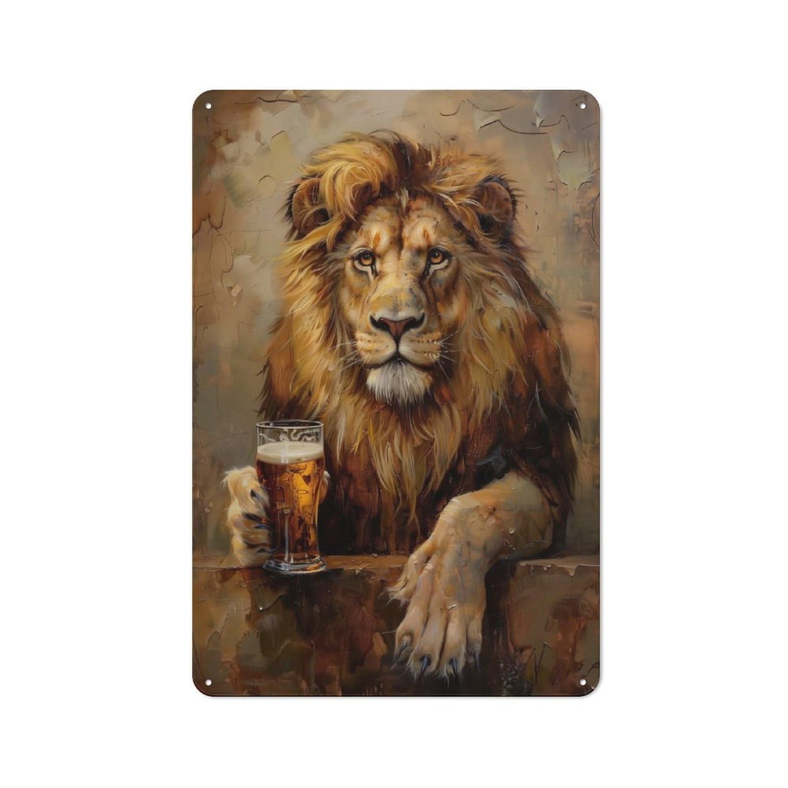 Garage Style Beer Drinking Lion Decorative Metal Plaque 30x20cm, Garage Wall Decor for Workshop, Basement, Shed Or Games Room