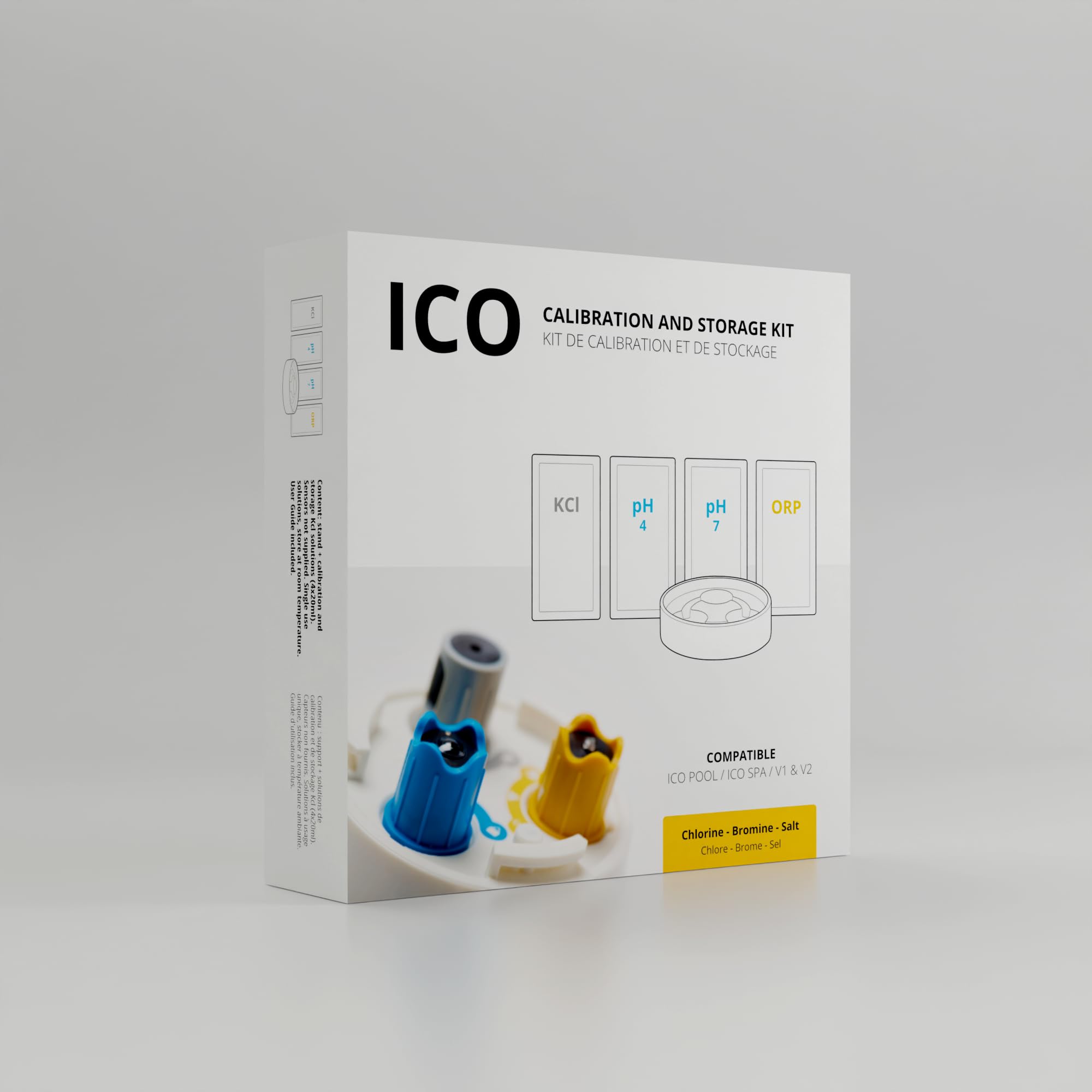 ICO - Zestaw do kalibracji i przechowywania sond pH i ORP - Kompatybilny z ICO Pool i Spa - Rozwiązania ph 4, 7, ORP 470 mV, regeneracja - Optymalizuje precyzję i trwałość czujników