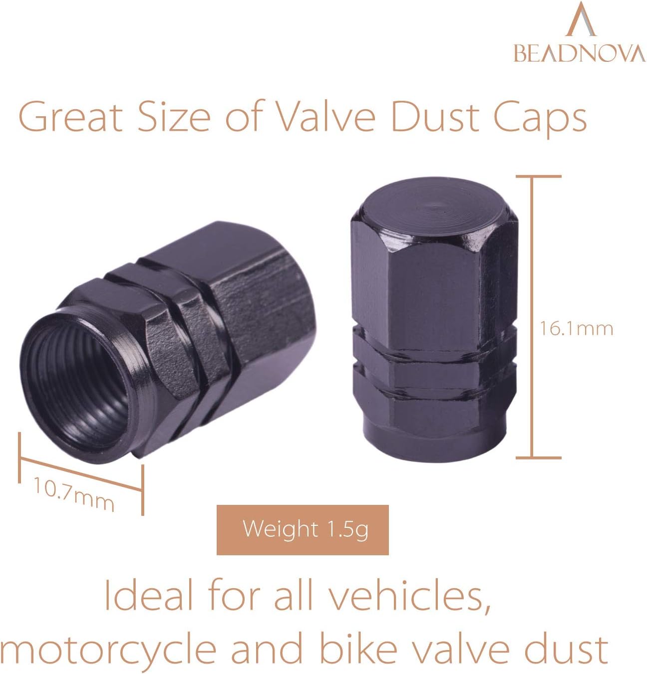BEADNOVA Valve Stem Caps Aluminum Chrome Caps for Tires Valve Caps (12pcs Pack,Black)