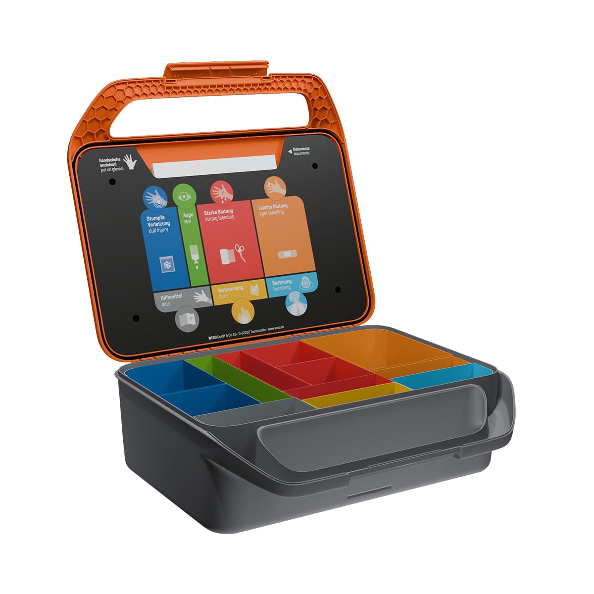 WERO Smart Case groß DIN 13157 Erste-Hilfe-Koffer | für Werkstatt & Instandhaltung, kompakt, robust & übersichtlich, staub- & spritzwassergeschützt, mit Farbleitsystem