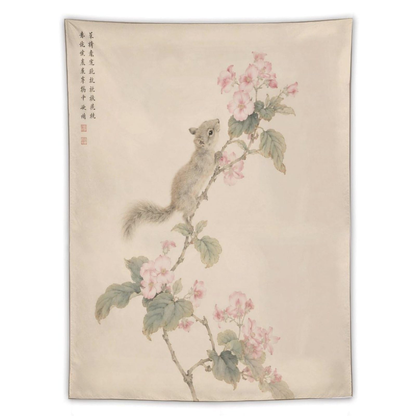 H3B8U2Y5 Mouse on Blossom Branch Wall Tapestry, Asian Ink Style, Office