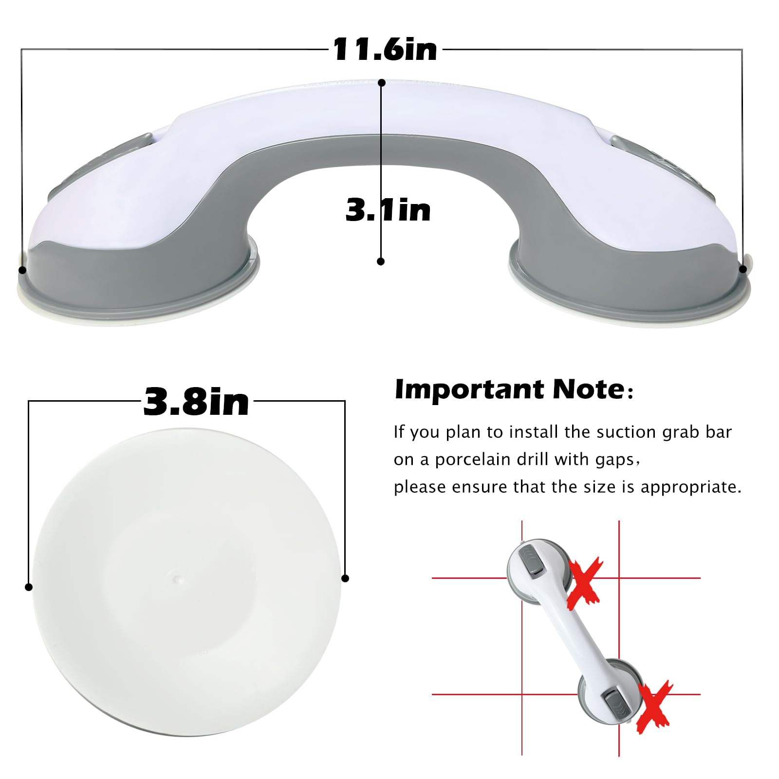 Grab Bars for Bathtubs and Showers, 12 Inch Shower Handle with Strong Suction Cups for Showers, No Drill Balance Bar for Bathroom, Suitable for Seniors, Elderly, HandicapShower Handle 2 Pack(Gray)