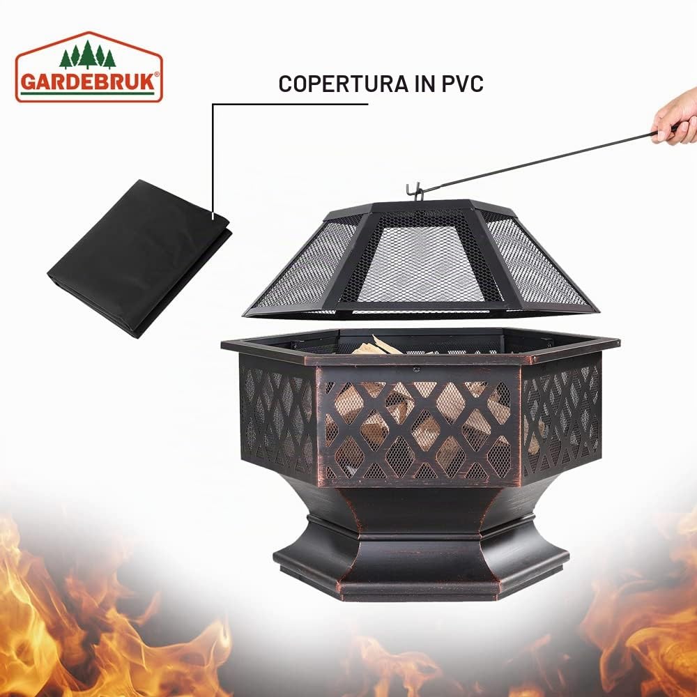 GARDEBRUK® Braciere Esagonale 70x60,5cm Acciaio Parascintille Attizzatoio Bracieri Esterno Giardino