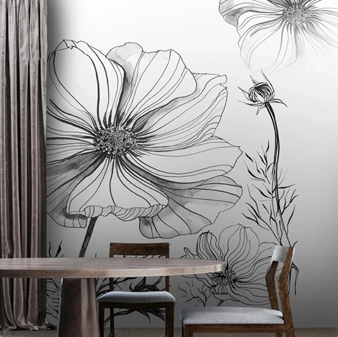 Papier peint moderne noir et blanc 3D motif fleur de 200x140 cm pour salon - 3