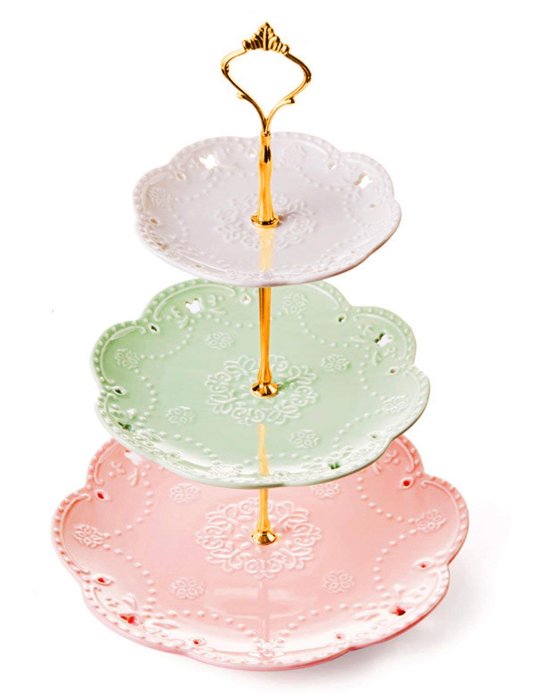 YBK Tech 3 Tier Porcelain Serving Platter Cake Plate Stand Dessert Display Cakes Platter Food Rack - White+ Green+ Pink (Gold Rod)