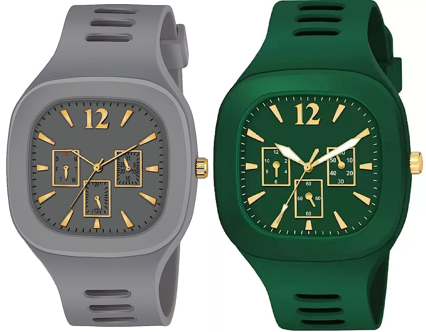 SKINCORT New Combo of Fashion Quartz Analogue Round Dial Men and Boys Watch | Silicon Strap ADDI Stylish Designer Watch for Boys (Grey-Green) (B0CD4FVWV4) Amazon Price History, Amazon Price Tracker