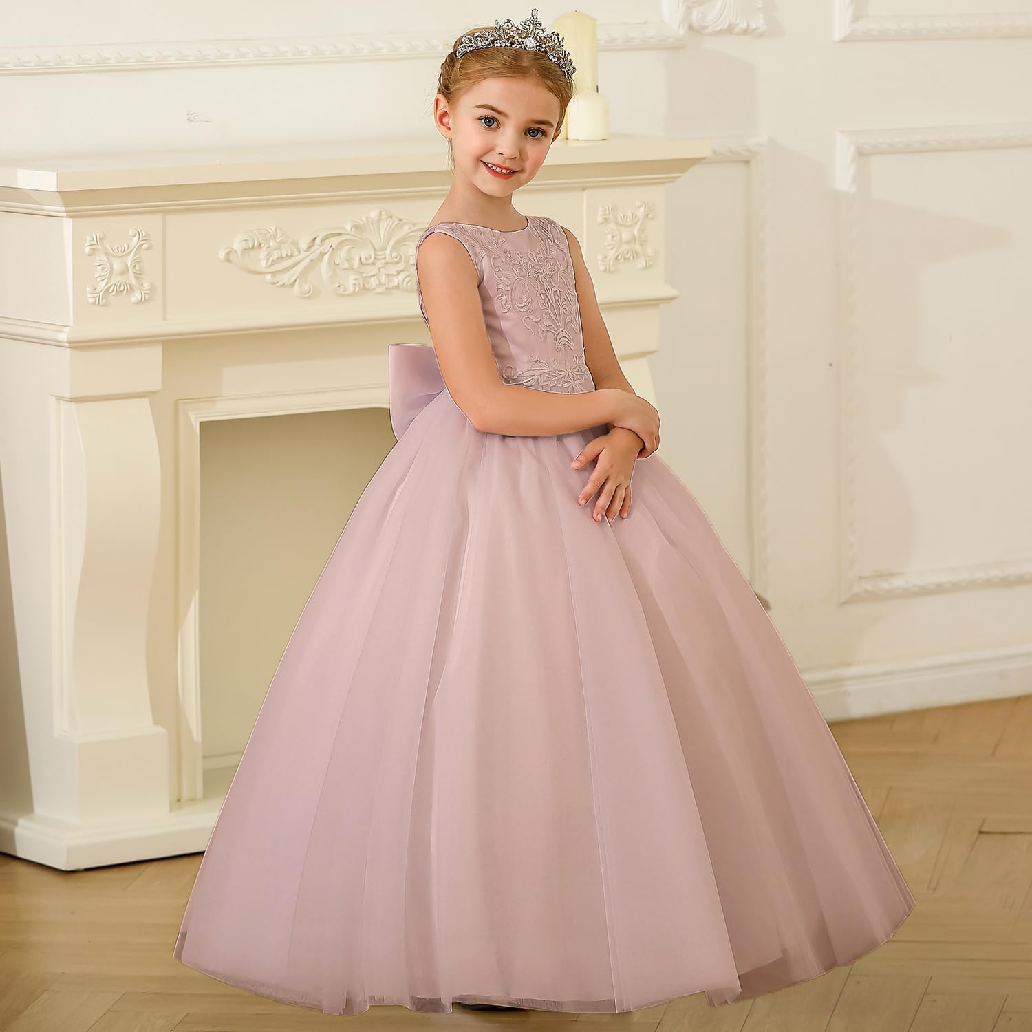 PLWEDDING Robe élégante en dentelle brodée pour fille florale pour mariage, enfant, dos en V, robe de bal avec nœud