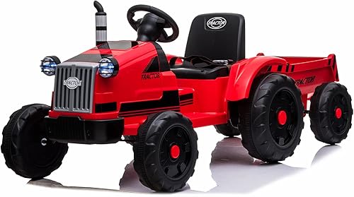 Winado Tractor de paseo con remolque, juguete de vehículo eléctrico de batería de 12 V, para niños con control remoto, neumáticos escalados, 3