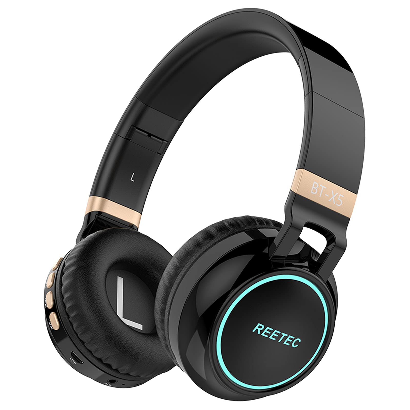 REETECBluetooth Headphones Over Ear - [Colorful LED Lights, 20H Playtime] Foldable Hi-Fi Stereo Wireless Headphones with Built-in Mic for iPhone, iPad, Smartphones, Laptop, PC, SD/TF, Black