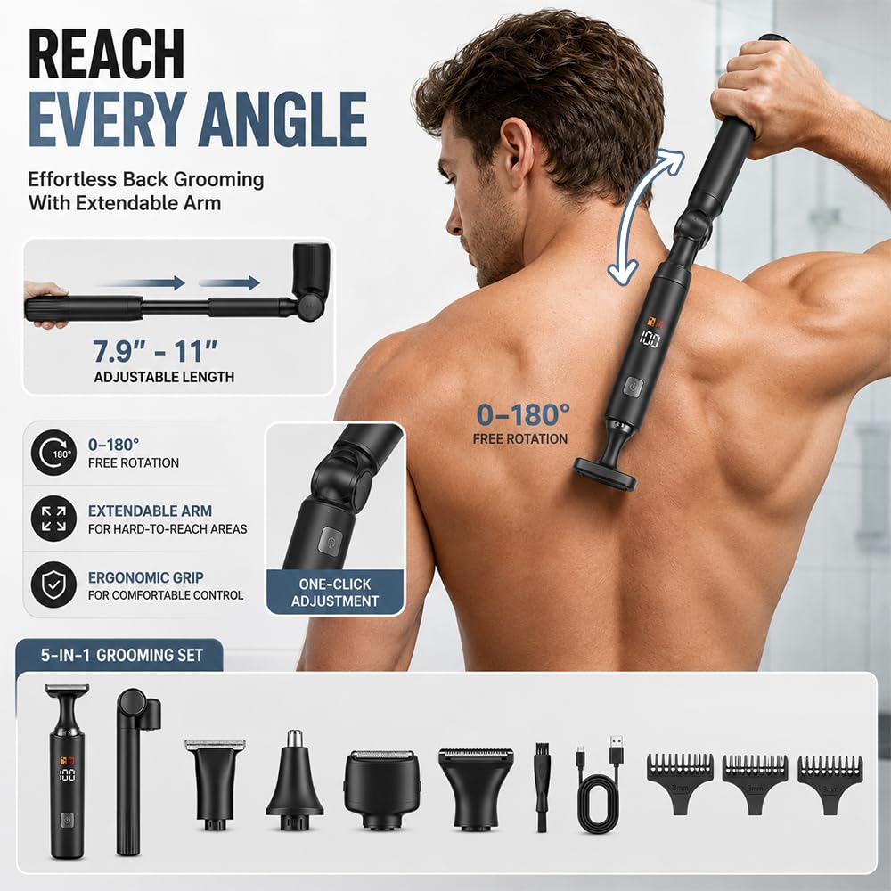 Rasoio Schiena Uomo Elettrico, 5-in-1 Rasoio Corpo, Nero