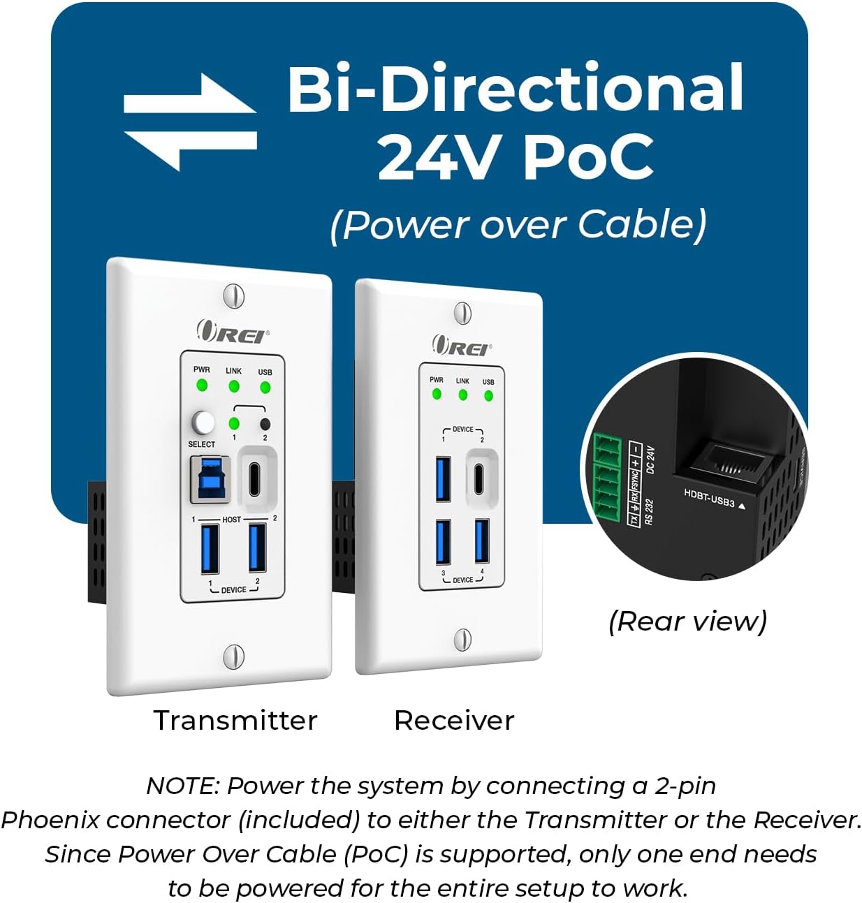 OREI USB 3.2 ウォールプレート イーサネットHDbaseT Cat6エクステンダーLAN 最大330フィート - デュア