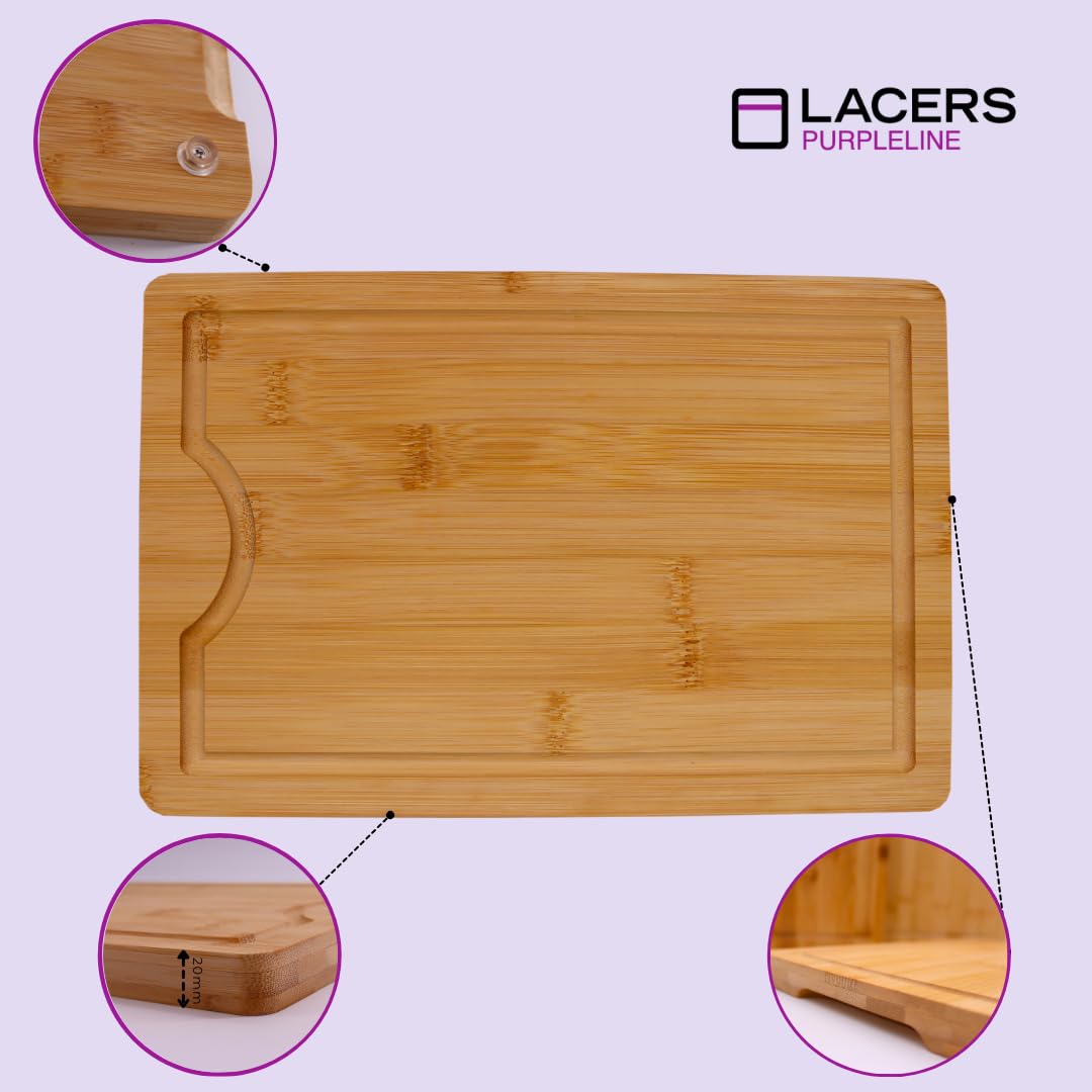 Lacers PurpleLine - Tabla de cortar de madera de bambú de 4 piezas con ranura para jugo y pies antideslizantes, juego de tabla de cortar con soporte, duradera, versátil, perfecta para cocina, carne,