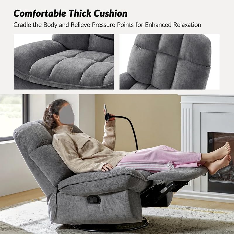 Image of Recliner Sofa 1 Seater Jace Modern Upholstered Manual Swivel Rocker Recliner with Phone Holder Color Gray