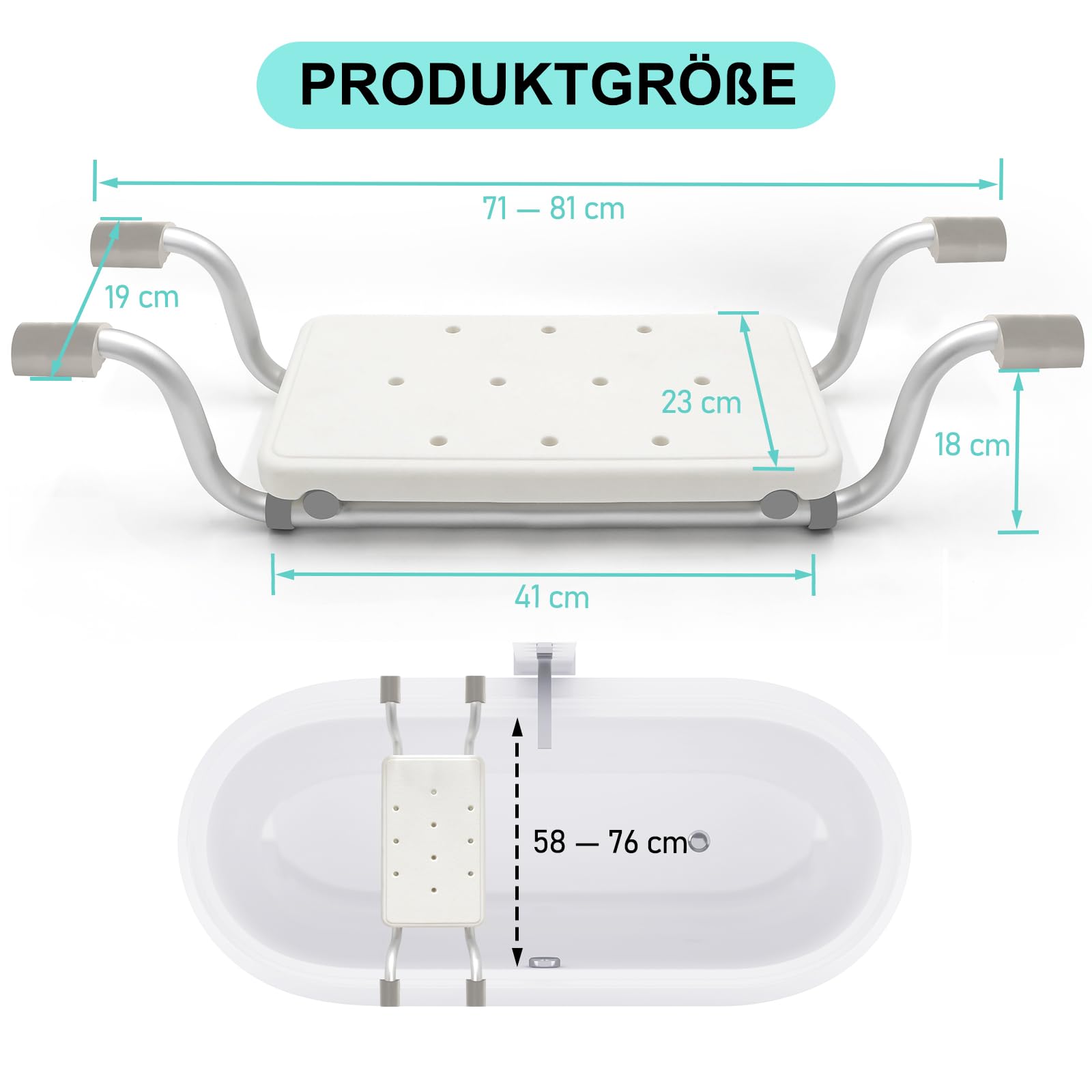 Sedile per vasca da bagno per anziani, panca doccia regolabile in larghezza 71-81 cm, telaio in alluminio e cuscino in silicone, sgabello da doccia antiscivolo per dimensioni interne della vasca da 58