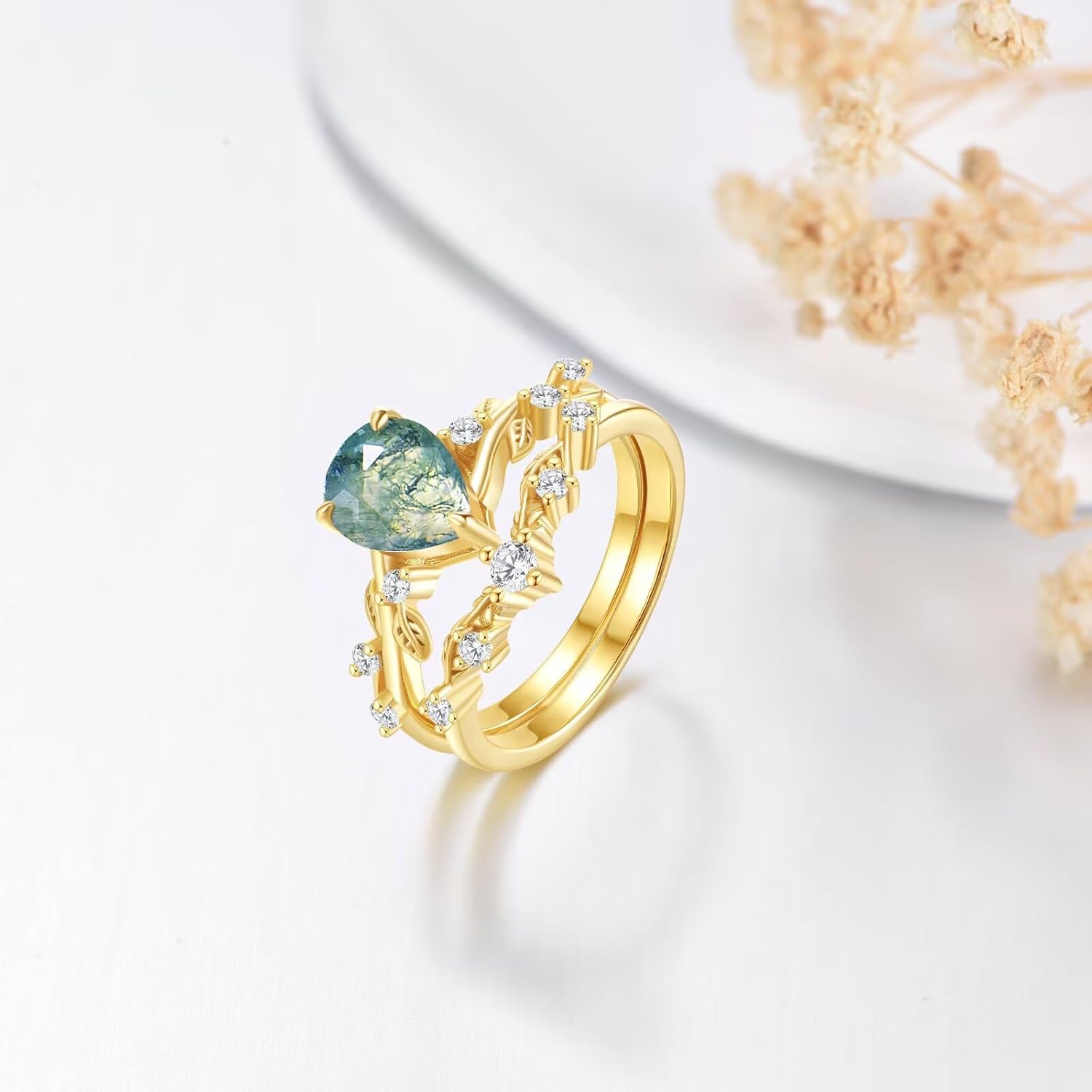 Moss Agate Engagement Rings Bridal set for Women 925 Sterling silver plating 18K White Gold 2 CT Pear cut Moss Agate Wedding Ring for Women Leaf-embellished moissanite ring for(Size 3-13)