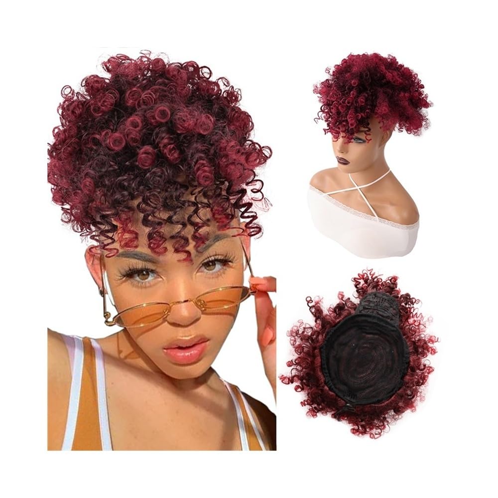 Lizhuzhuzs28 Women Afro Puff Drawstring Ponytail with Bangs Kinky Curly Hair Bun Hairpiece Pineapple Updo for Black Women Daily(1BTBurg)