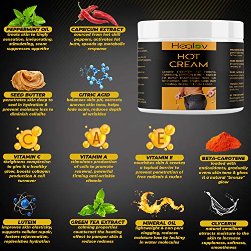 Healov Hot Cream Cellulite Treatment for Firming, Tightening, Slimming Belly – Topical Fat Burner Thermogenic Heat Rub for Stomach, Abs, Thighs, Legs, Butt – Heating Ointment Tingle Lotion