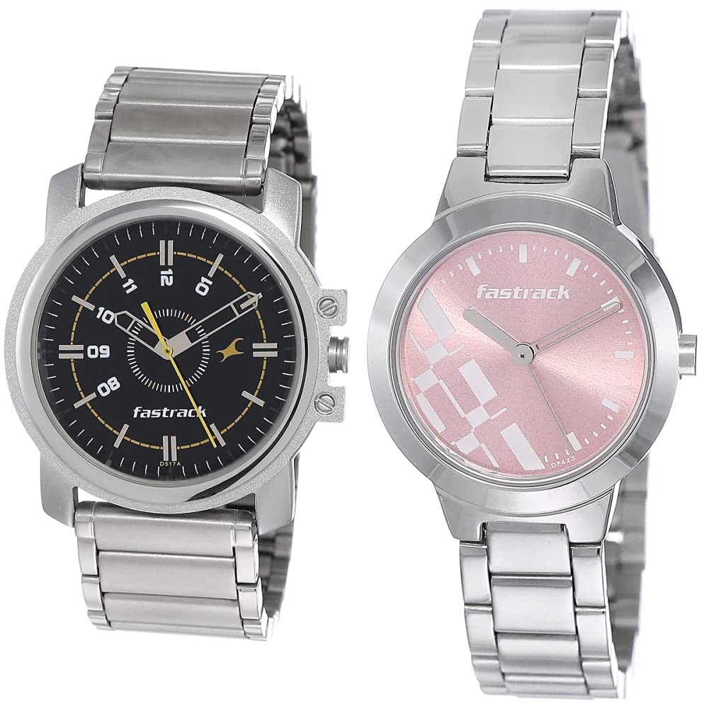 Fastrack Men Stainless Steel Analog Black Dial Silver Strap Couples Watch (Ng3039Sm02C + Nk6150Sm04) | Rakshabandhan Gifts, Band Color-Silver (B07VPX5LWP) Amazon Price History, Amazon Price Tracker