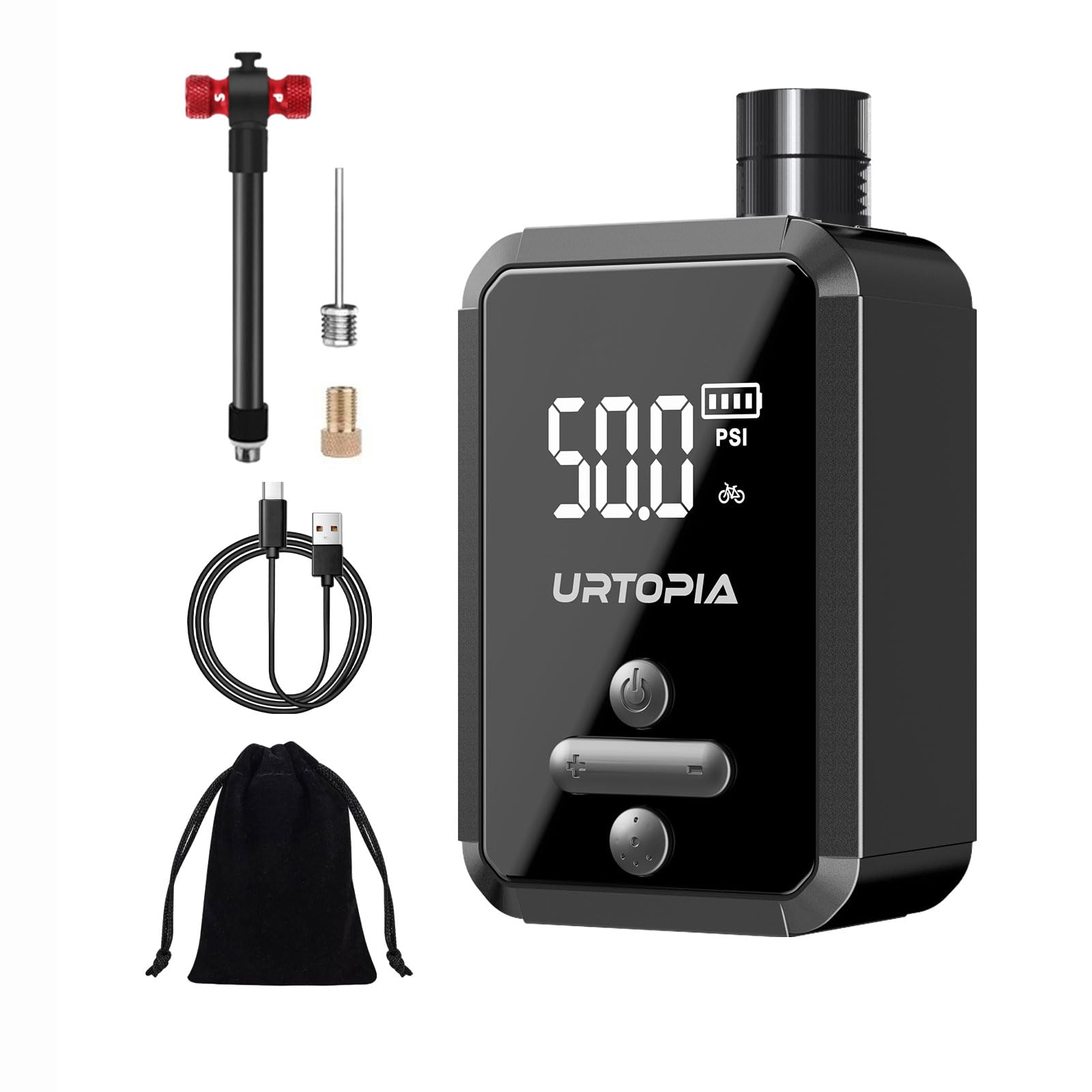 URTOPIA Bomba eléctrica para bicicleta, bomba de aire de inflado rápido con manómetro, hasta 150 PSI, disipación eficiente del calor, recargable, con luz LED brillante, bomba de bicicleta portátil