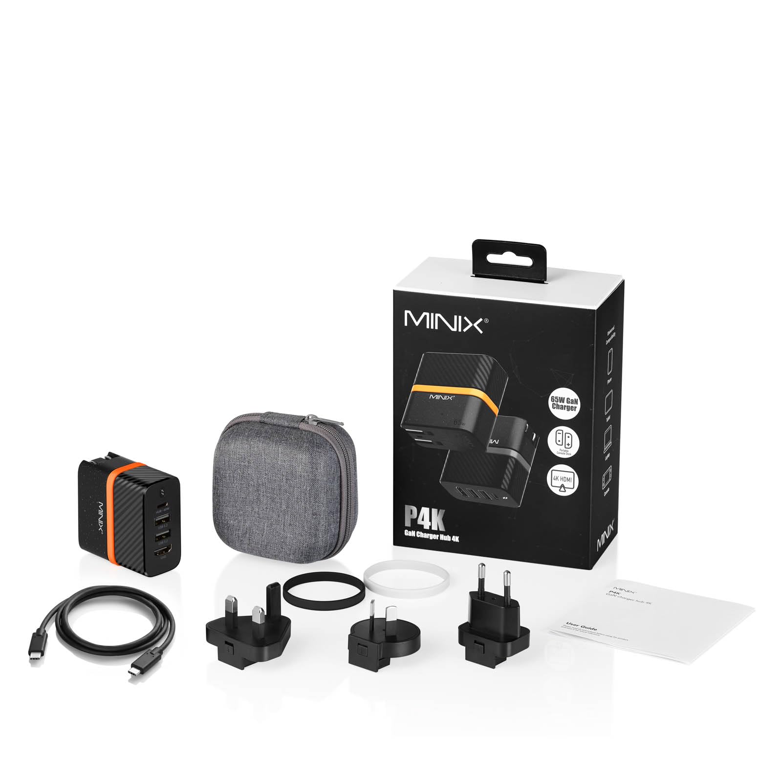 MINIX P4K - Adattatore per caricatore dock da 65 W per switch, laptop, smartphone, tablet. Caricatore da parete 4 in 1 PD con HDMI per TV, 1 USB-C (max 60 W), 2 cavi USB-A da 3,1 e 3,3 m con