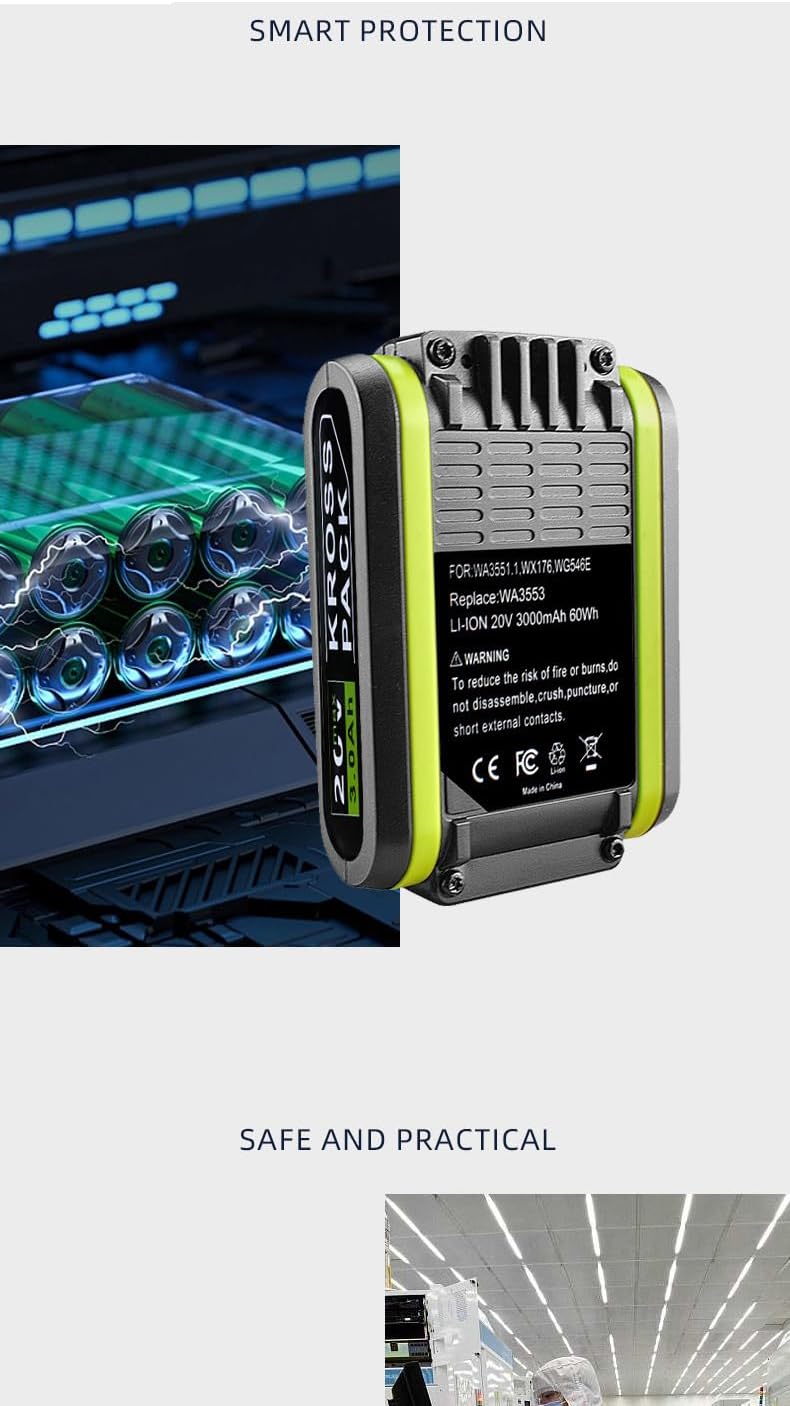 20 V MAX Replacement Battery for Worx, Cordless Power Tools Battery for Worx, WA3016 / WA307 / WU535 Lithium-Ion (2000 mAh, 1 Pack)