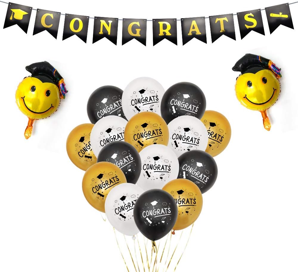 Losuya Graduation Party Decorations Congrats Banner Balloons Aluminum Film Smiley face Balloon Set Grad Party Favors