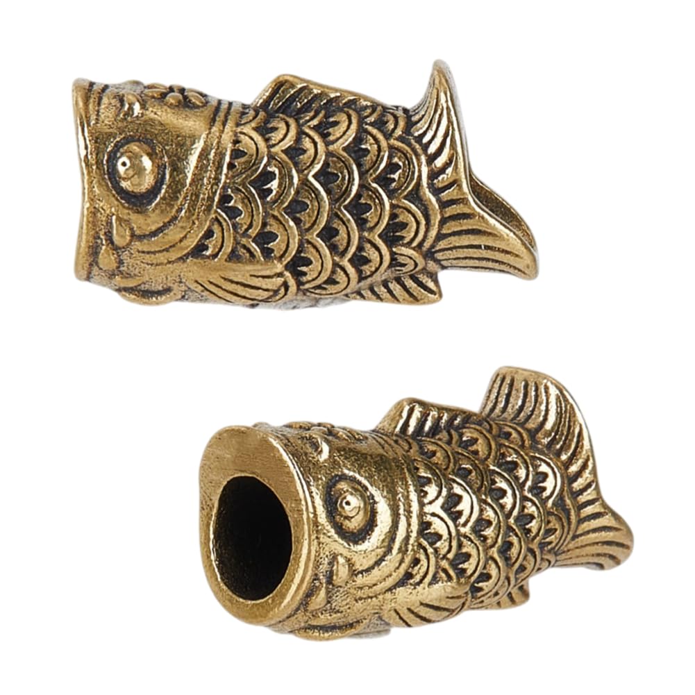 HOBBIESAY 2PCS Brass Carp EDC Beads Antique Golden Bead Lanyard Bead Personality Fish Large Hole Cord Tool Paracords Beads Charm Copper Lanyard Woven Accessories