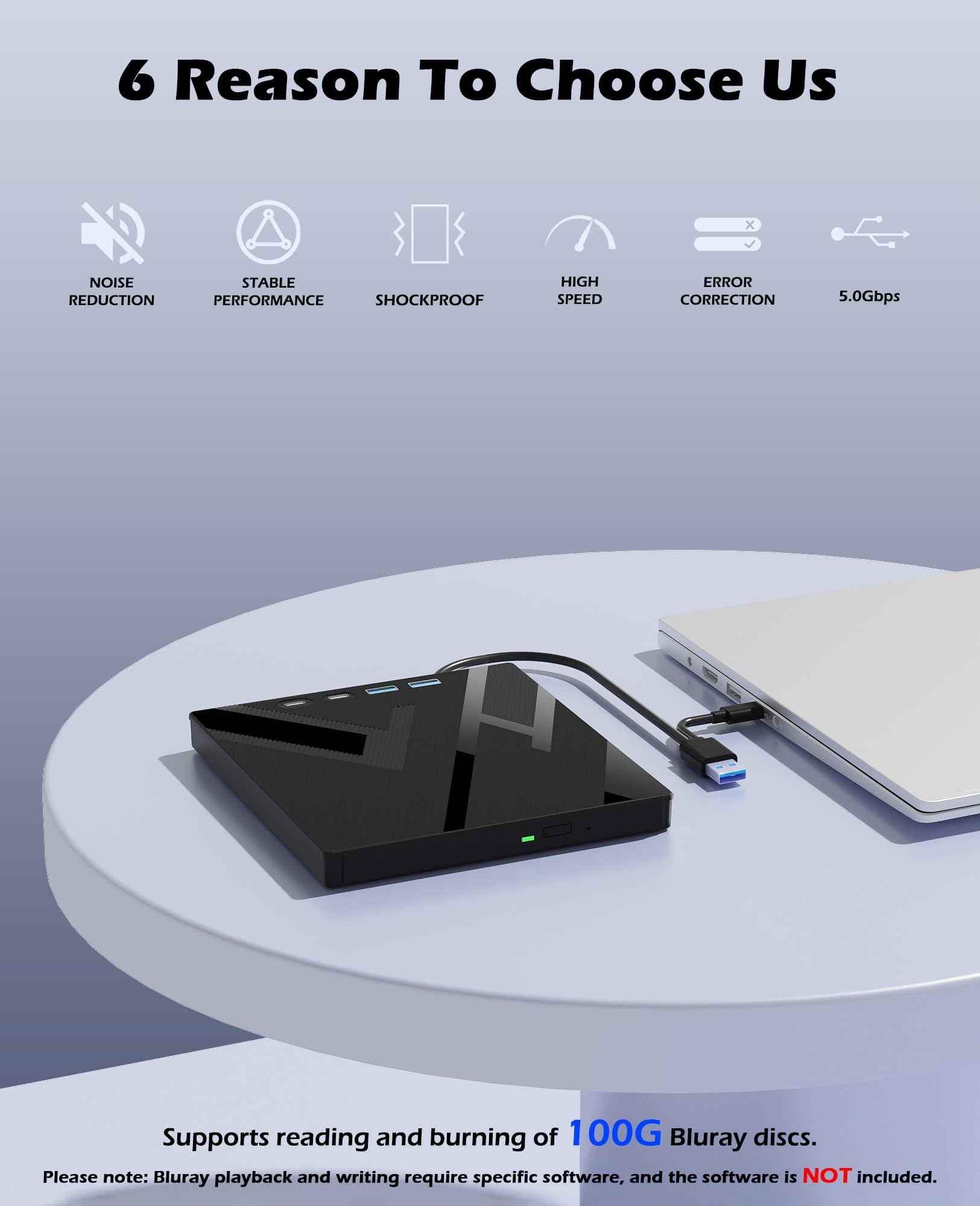 Lecteur Blu-ray externe 7 en 1, Blueray/DVD externe pour PC avec port SD/TF, lecteur Blu-Ray externe 100 G pour ordinateur portable Windows Linux MacOS (avec étui de transport)