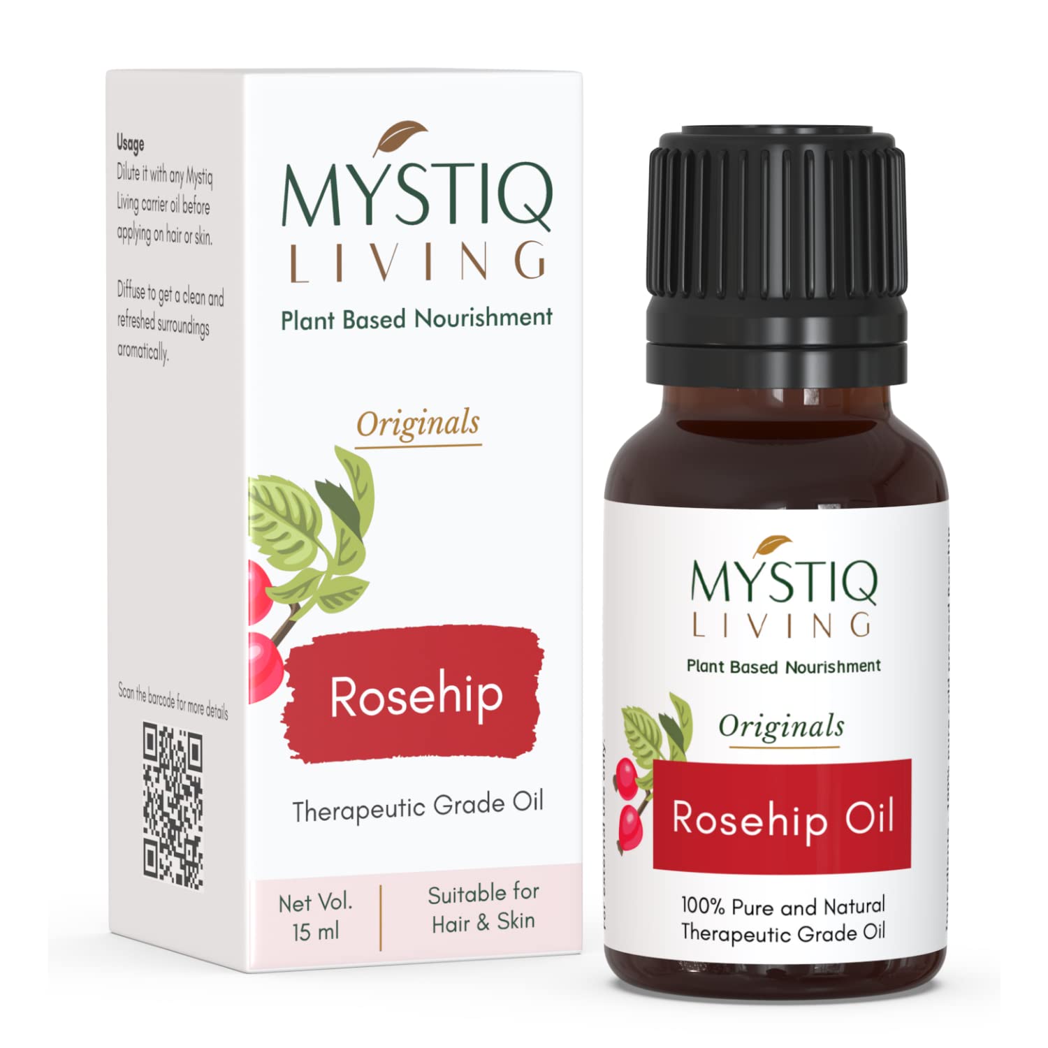Mystiq Living Rosehip Oil for Skin and Face - 15ML | Face Oil for Gua Sha Massage | For Acne Scars, Under Eyes, Fine Lines, Anti Pigmentation, Glowing Skin | 100% Pure & Natural, Cold Pressed | Rosehip Seed Oil