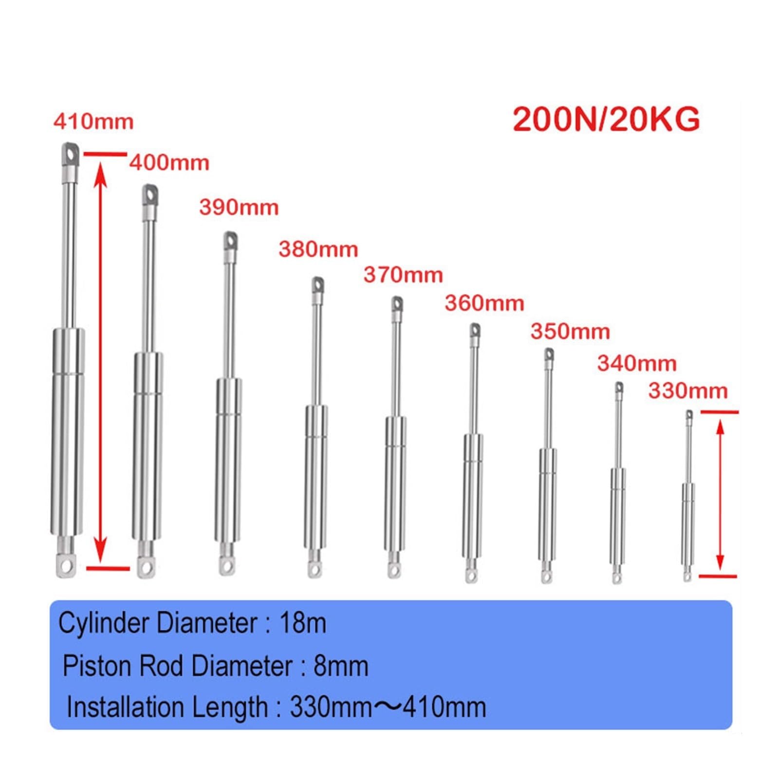 Pneumatyczny pręt hydrauliczny ze sprężyną gazową 330 mm-410 mm 200N / 20KG | Stal nierdzewna 304(18-8-150-380)