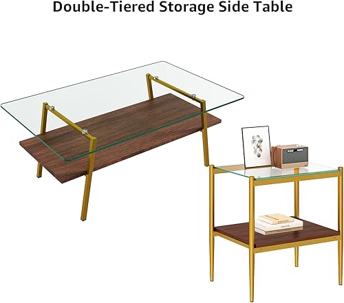 Miniatura 6 de Juego de mesa auxiliar y mesa auxiliar de 3 piezas, marco de metal dorado, mesas auxiliares superiores de cristal, estante superior cuadrado, mesas
