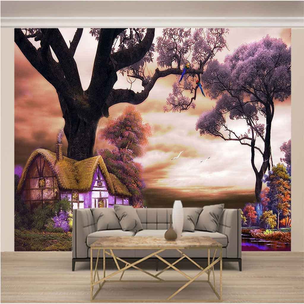 Fototapete 3D Fototapete Lila Holzhaus Natürliche Schöne Landschaft Wandbild Wohnzimmer Küche Schlafzimmer Wand 3D Tapetenkleister Wohnzimmer Die Wand Für Schlafzimmer Wandbild Büro Essz 250x175 cm